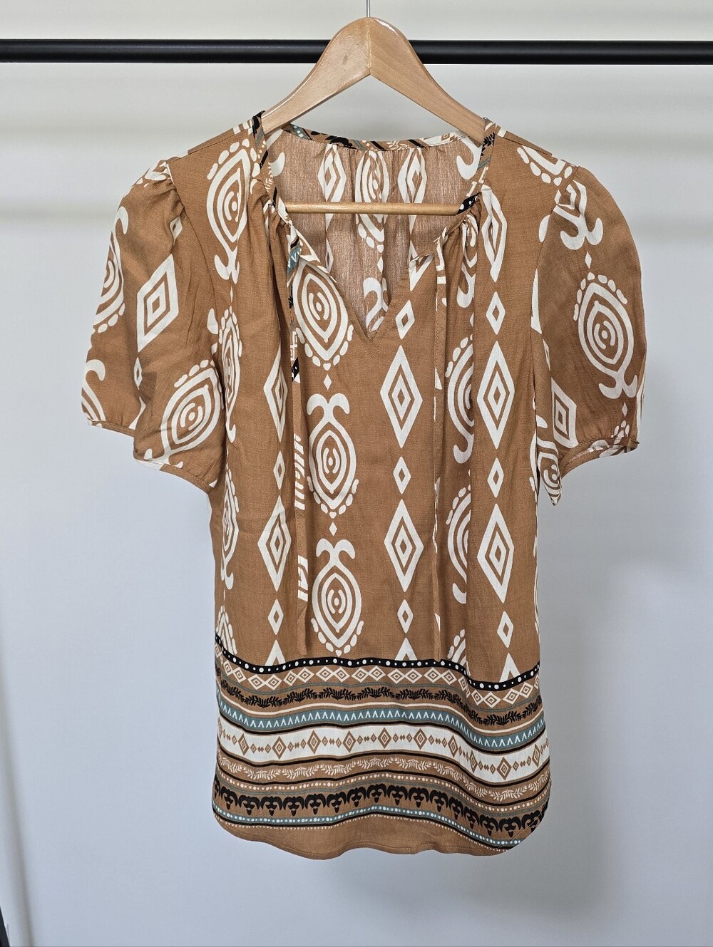 Brown Patterned Boho Short-Sleeve Women’s Top